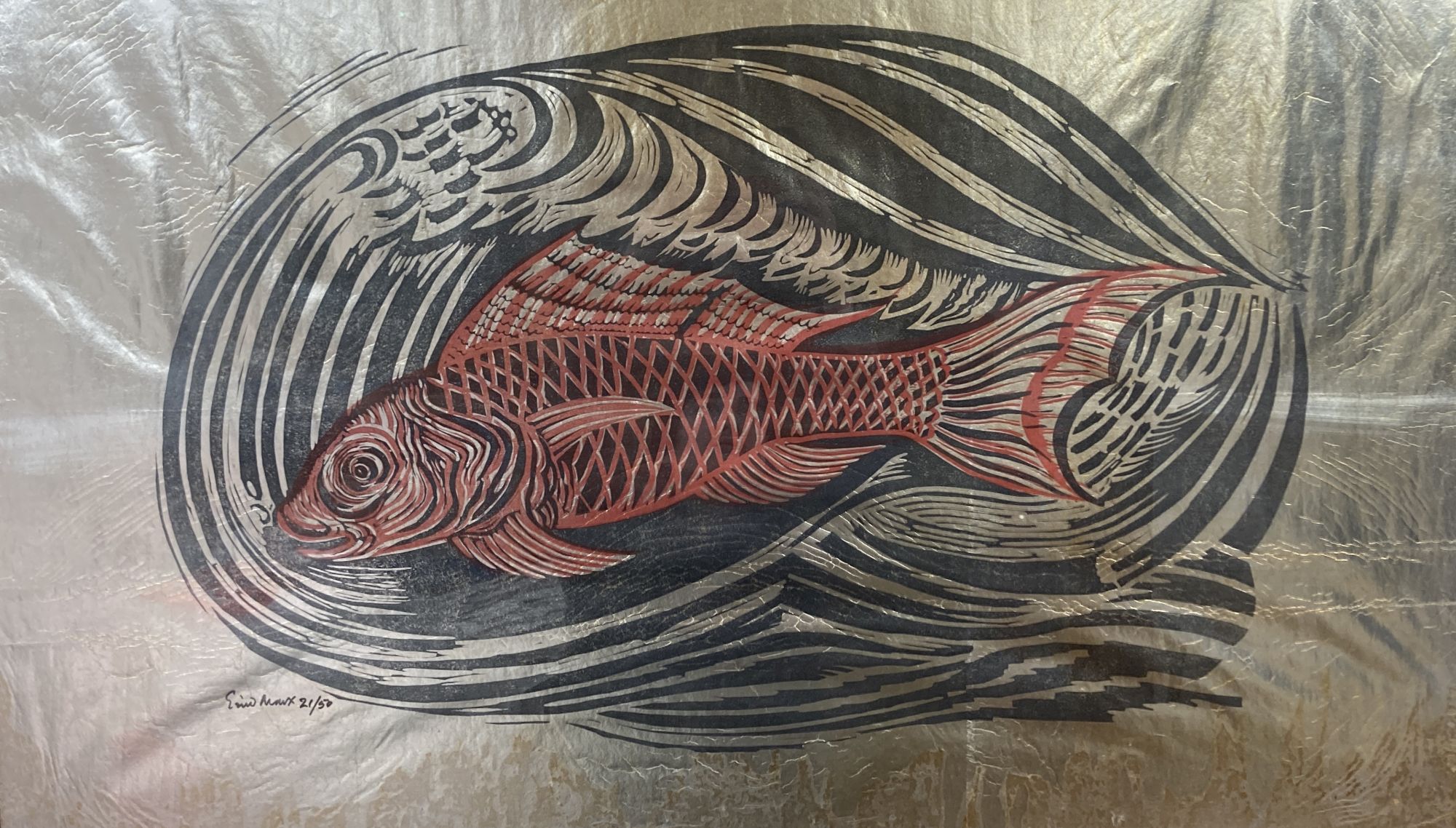 Enid Crystal Dorothy Marx F.R.S.A. (1902-1998), Gold Fish, linocut on gold foil, 58 x 95cm